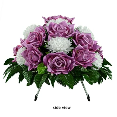Silky Flower Store Sympathy Silks Artificial Cemetery Flowers, Lavender Open Rose White Mum Saddle, UV Resistant, 32.5cm 13 13 Product: Sympathy Silks Artificial Cemetery Flowers - Realistic - Outdoor Grave Decorations - Non-Bleed Colors, and Easy Fit - Lavender Open Rose with White Mum Saddle for Headstone