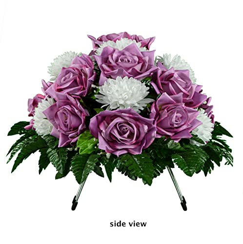 Silky Flower Store Sympathy Silks Artificial Cemetery Flowers, Lavender Open Rose White Mum Saddle, UV Resistant, 32.5cm 4 4 Product: Sympathy Silks Artificial Cemetery Flowers - Realistic - Outdoor Grave Decorations - Non-Bleed Colors, and Easy Fit - Lavender Open Rose with White Mum Saddle for Headstone