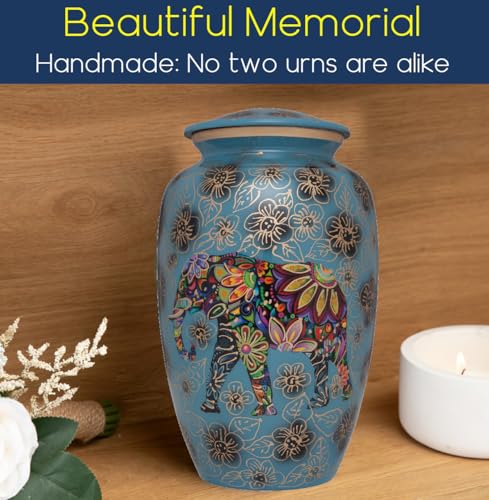 Silky Flower Store Blue Elephant Floral Funeral Urn, Spiritual Aluminum Adult Ashes Memorial, Large Size 32.5cm 1 1 Product: Blue Funeral urn with Elephant - Floral Spiritual Indian Design - Cremation Urn for Human Ashes - Aluminum -Suitable for Cemetery Burial or Niche - Large Size fits Remains of Adults up to 200 lbs