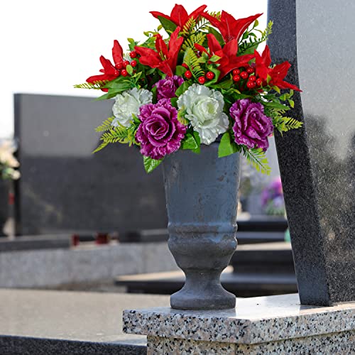 Product: Artificial Cemetery Flowers Artificial Grave Memorial Flowers Bouquets with Vase for Cemetery Headstones Graveyard Decoration, Set of 2 (Red Lily)