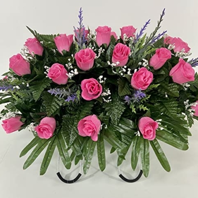 Silky Flower Store Artificial Cemetery Flower Saddle, Pink Rose Purple Accent Mix, Grave Headstone Decoration, Bendable Silk Floral Arrangement, 20.5cm 6 6 Product: Pink Rose Spring Cemetery Flowers for Headstone and Grave Decoration-Pink Rose with Purple Accent Mix Saddle