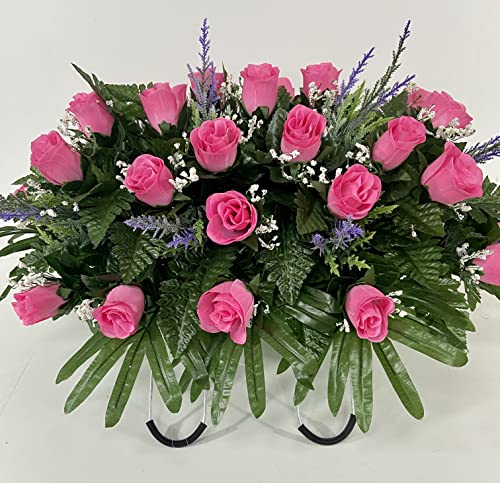 Silky Flower Store Artificial Cemetery Flower Saddle, Pink Rose Purple Accent Mix, Grave Headstone Decoration, Bendable Silk Floral Arrangement, 20.5cm 1 1 Product: Pink Rose Spring Cemetery Flowers for Headstone and Grave Decoration-Pink Rose with Purple Accent Mix Saddle