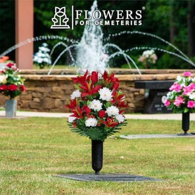 Silky Flower Store Artificial Cemetery Flowers, Gravesite Flowers Red Lilies White Daisies Red Roses Bouquet 1, Sympathy Silks 20cm 7 7 Product: Sympathy Silks Artificial Cemetery Flowers - Gravesite Flowers - Red Lilies with White Daisies and Red Roses - (1) Bouquet