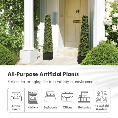 Product: GreenBrokers 2 x Artificial Boxwood Topiary Pyramid Trees in Black Square Planter (4ft/120cm), Wood, Green