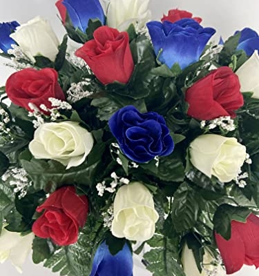Product: Small Patriotic Cemetery Headstone Saddle Flowers in Red White and Blue Roses for Summer, Memorial Day, Labor Day