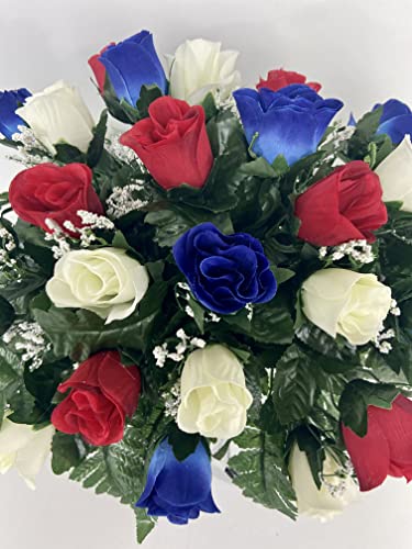 Product: Small Patriotic Cemetery Headstone Saddle Flowers in Red White and Blue Roses for Summer, Memorial Day, Labor Day