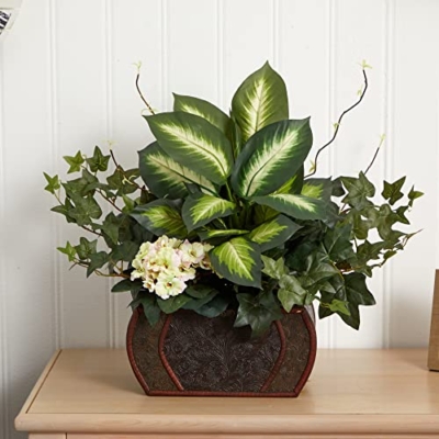 Product: Nearly Natural African Violet, Dieffenbachia & Ivy with Chest Silk Plant