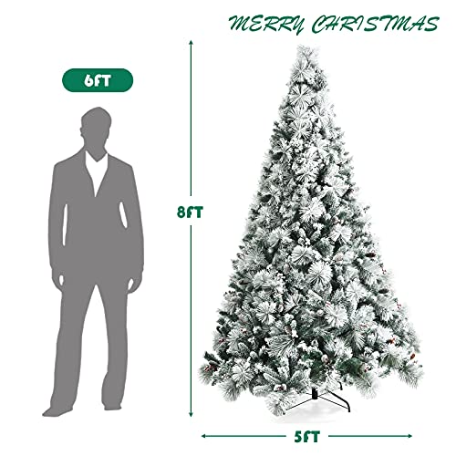 Product: Stunning Goplus 8ft Snow Flocked Christmas Tree - Artificial Hinged Pine with 1424 Glitter Branches & Pine Cones