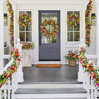 Silky Flower Store Artificial Floral Outdoor Wreath, Balsam Hill Meadow Lavender Chrysanthemums Wildflowers, 28in 10 10 Product: Balsam Hill 28in Meadow Outdoor Floral Artificial Wreath