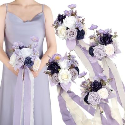 Product: BENCENTRE 7 Inch Purple Bridesmaid Bouquet for Wedding, Set of 4, Lilac Wedding Bouquet,Small Wedding Bouquet,for Marriage Proposal Party and Vintage Wedding Ceremony Anniversary,Artificial Flowers…