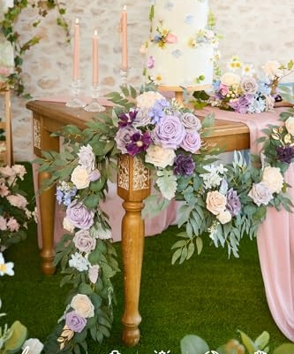Silky Flower Store Eucalyptus Rose Flower Garland, Lilac Lavender Sweetheart Table Decor, Artificial Silk Garland 6FT 13 13 Product: Ling's Moment Flower Garland - 6FT Eucalyptus & Rose - Sweetheart Table Decor for Wedding Reception, Artificial Floral Garland for Mantle, Thanksgiving, Christmas Decoration, Lilac & Lavender