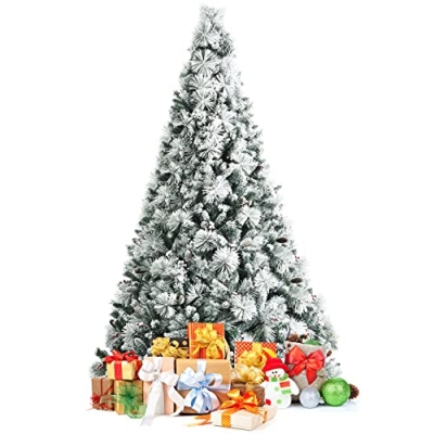 Product: Stunning Goplus 8ft Snow Flocked Christmas Tree - Artificial Hinged Pine with 1424 Glitter Branches & Pine Cones