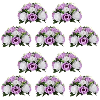 Product: NUPTIO Flower Wedding Centrepieces for Tables - 10 Pcs 9.5in Diameter Lilac & White Artificial Flowers Rose Ball for Centerpieces Table - Fake Rose Arrangements for Weddings Birthday Party Decor