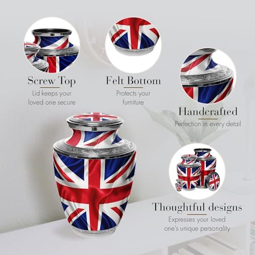 Product: UK Flag Cremation Urn for Human Ashes for Funeral, Burial or Home. Cremation Urns for Ashes Adult Male Large Urns for Dad and Cremation Urns for Human Ashes XL Large & Small Military & Veteran
