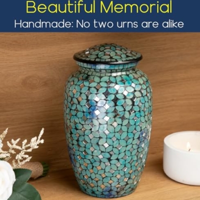 Product: Mosaic Glass Cremation Urn - Hand Made Funeral Urn for Human Ashes - Large Adult Size Burial Urn - Hand Applied Individual Tiles Create a one of a Kind Work of Art - 200 cu in (Blue)