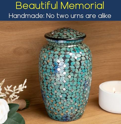 Product: Mosaic Glass Cremation Urn - Hand Made Funeral Urn for Human Ashes - Large Adult Size Burial Urn - Hand Applied Individual Tiles Create a one of a Kind Work of Art - 200 cu in (Blue)