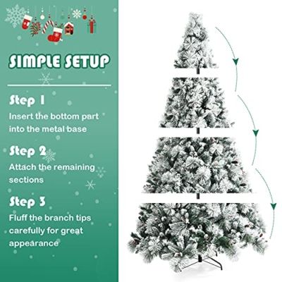 Product: Stunning Goplus 8ft Snow Flocked Christmas Tree - Artificial Hinged Pine with 1424 Glitter Branches & Pine Cones