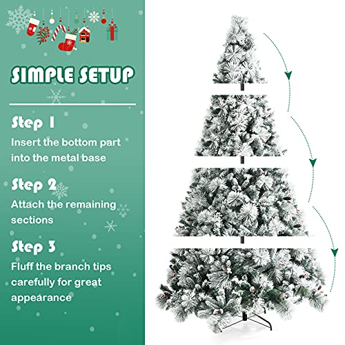 Product: Stunning Goplus 8ft Snow Flocked Christmas Tree - Artificial Hinged Pine with 1424 Glitter Branches & Pine Cones