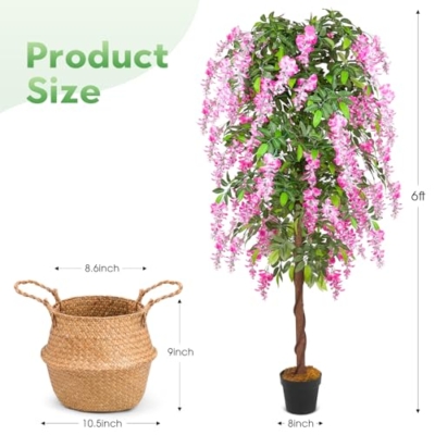 Silky Flower Store 6ft Artificial Wisteria Tree, Faux Floral Tree with Woven Seagrass Basket, Lifelike Indoor Outdoor Decor 6ft 8 8 Product: 6ft Artificial Tree Plants, Fake Wisteria Tree with Woven Seagrass Basket for Indoor Outdoor Home Decor Office Living Room Porch Patio Perfect Housewarming Gift (1)