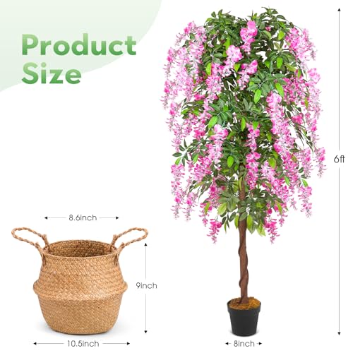 Silky Flower Store 6ft Artificial Wisteria Tree, Faux Floral Tree with Woven Seagrass Basket, Lifelike Indoor Outdoor Decor 6ft 1 1 Product: 6ft Artificial Tree Plants, Fake Wisteria Tree with Woven Seagrass Basket for Indoor Outdoor Home Decor Office Living Room Porch Patio Perfect Housewarming Gift (1)
