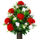 Product: Sympathy Silks Artificial Cemetery Flowers – Realistic Vibrant Roses, Outdoor Grave Decorations - Non-Bleed Colors, and Easy Fit - 1 Red Mum and White Rose Bouquet