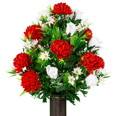 Product: Sympathy Silks Artificial Cemetery Flowers – Realistic Vibrant Roses, Outdoor Grave Decorations - Non-Bleed Colors, and Easy Fit - 1 Red Mum and White Rose Bouquet