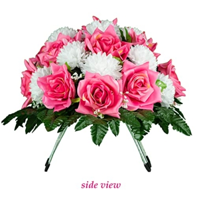 Product: Mother's Day - Artificial Cemetery Flowers Headstone Arrangement - 30" Pink Rose & White Mums Silk Flowers for Outdoor Grave - Decorations