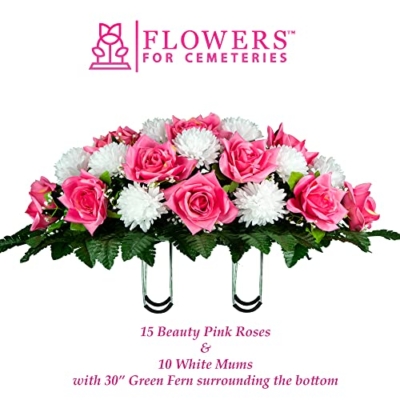 Product: Mother's Day - Artificial Cemetery Flowers Headstone Arrangement - 30" Pink Rose & White Mums Silk Flowers for Outdoor Grave - Decorations