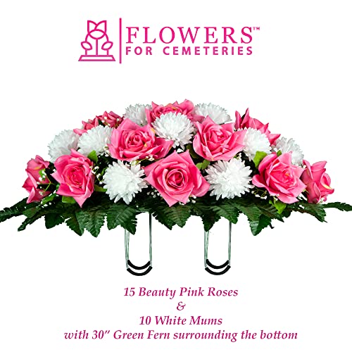 Product: Mother's Day - Artificial Cemetery Flowers Headstone Arrangement - 30" Pink Rose & White Mums Silk Flowers for Outdoor Grave - Decorations