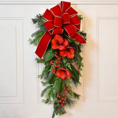 Product: EWGFDEMN 30" Red Amaryllis Teardrop Swag - Artificial Baby Breath Flowers for Festive Outdoor Christmas Door Decorations