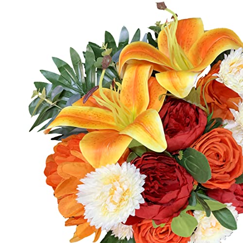 Silky Flower Store Cemetery Saddle Flower Grave Decoration, Non Bleed Outdoor Headstone Memorial Bouquet, Red Orange Peony Lily Vases, 32.5cm 8 8 Product: HENOMO Cemetery Saddles Flower for Grave, Colors -Non Bleed,Outdoor Headstone Decorations, Memorial Bouquet Arrangement-Red Orange Peony and Lily with Vases to Easy fit