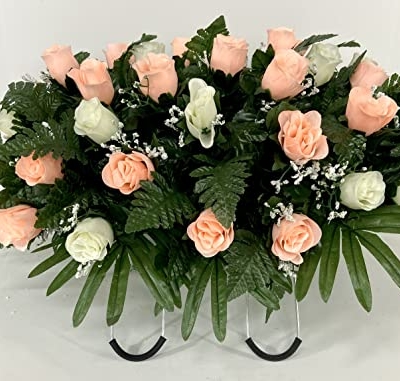 Product: Cemetery Headstone Saddle Flower Arrangement in Peach and Cream Roses-Grave Marker Decoration, Sympathy Flowers