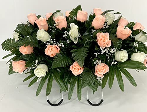 Product: Cemetery Headstone Saddle Flower Arrangement in Peach and Cream Roses-Grave Marker Decoration, Sympathy Flowers