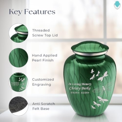 Silky Flower Store Personalized Dragonfly Cremation Urn for Human Ashes, Pearl Green Memorial Urn, Adult 200 cu in, 200 lbs 10 10 Product: Geturns Embrace Adult Personalized Dragonfly Cremation Urns for Human Ashes I Large Pearl Green Funeral Urn for Men and Women I 200 lbs
