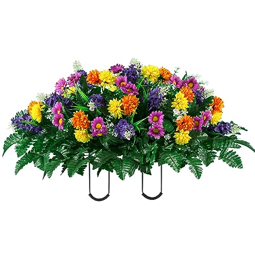 Product: Sympathy Silks Artificial Cemetery Flowers – Realistic Wildflower Outdoor Grave Decorations - Purple Violet Wildflower Saddle for Headstone