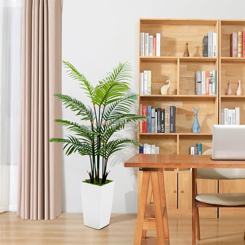 Product: 5FT Real Touch Artificial Palm Tree with White Planter - Faux Tropical Areca Floor Plant for Home & Office Décor