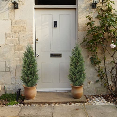 Product: UV Resistant 3ft Artificial Cedar Topiary Trees Faux Cedar Bush with Pine Cone Indoor&Outdoor use for Garden Decor(Set of 2)