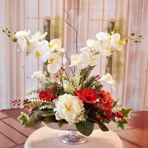 Silky Flower Store Artificial Orchid Amaryllis Christmas Centerpiece, Silver Boat Bowl, Elegant Faux Floral Table Decor, 32.5cm 1 1 Product: Elegant Long-Term Storage Artificial Orchid & Amaryllis Christmas Centerpiece in Silver Boat Bowl - Perfect Winter Wedding Decoration