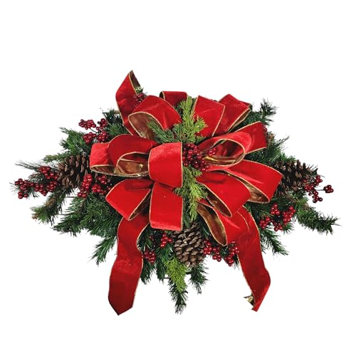 Product: Headstone Saddle with Red Berries, Pinecones, and Red Velvet Ribbon - Christmas Memorial Decoration - Artificial Grave Flowers
