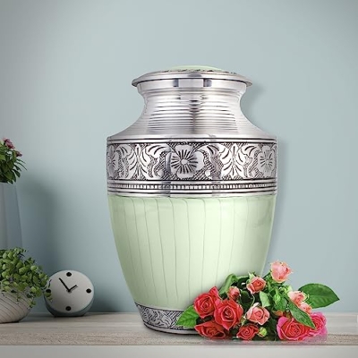 Product: Handcrafted Metal Alloy Cremation Urn for Human Ashes - Large, Engraved, Decorative Funeral Memorial Urn with Secure Screw-On Lid Hold Remains up to 200 lbs 10.5" (Green Silver) - ALPHA Living HOME