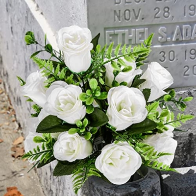 Product: Artificial Cemetery Flowers with Vase, Artificial Rose Bouquet Grave Memorial Flowers for Cemetery Headstones Decoration, Set of 2