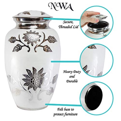 Product: Large Pearl White Funeral Cremation Urn for Human Ashes with Personalization and Velvet Box