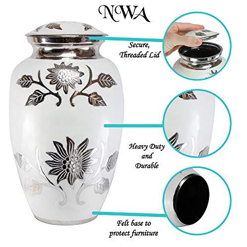 Product: Large Pearl White Funeral Cremation Urn for Human Ashes with Personalization and Velvet Box