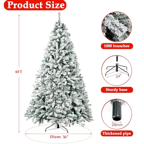 Silky Flower Store Fenbeli Flocked Christmas Tree, 6ft Artificial Snow Xmas Tree, 1000 Branch Tips, Metal Hinges, Foldable Base, 6ft 6 6 Product: Fenbeli 6ft Flocked Christmas Tree, Premium Artificial Snow Xmas Tree with 1000 Branch Tips, Metal Hinges & Foldable Base for Home, Office and Party Decoration