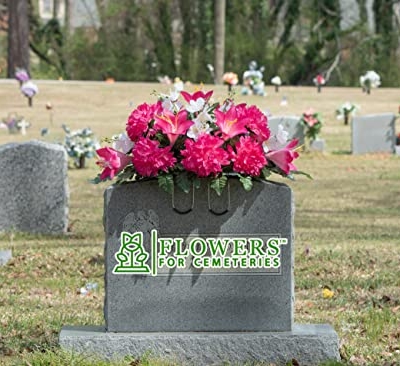Silky Flower Store Artificial Cemetery Flowers, Pink Purple Dahlia Memorial Saddle for Headstone, Weatherproof Faux Grave Flowers 20.5cm 11 11 Product: Sympathy Silks Artificial Cemetery Flowers - Realistic - Outdoor Grave Decorations - Non-Bleed Colors, and Easy Fit - Pink Purple Dahlia Mix Saddle for Headstone
