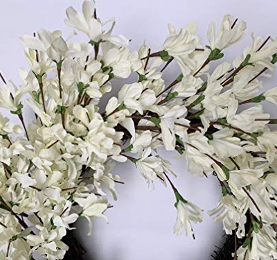 Silky Flower Store 24 Inch Forsythia Wreath, White Cream Artificial Spring Summer Front Door Decor, 24 Inch 9 9 Product: Summer Wreath for Front Door, 24 Inch White Cream Forsythia Summer Spring Wreath Blossom Cluster Flower Farmhouse on Grapevine for Christmas Festival Celebration Front Door Wall Window Hanging Décor