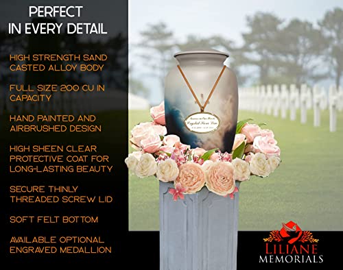 Silky Flower Store Funeral Cremation Urn for Human Ashes, Hand Made Aluminum Memorial Urn, Large Adult 200 lbs Capacity 0cm 2 2 Product: Funeral Cremation Urn - Cross in Sky Cremation Urn for Human Ashes - Hand Made in Aluminum - Suitable for Cemetery Burial or Niche - Large Size for Adults up to 200 lbs