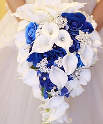 Product: IFFO New Bridal Bouquet, Wedding Flowers, Calla Lilies, Artificial Flowers, Waterfalls, Water Drop Style, Collection Decorations (Royal Blue)