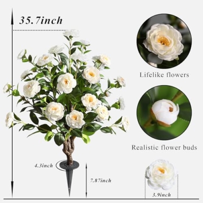 Silky Flower Store Artificial Camellia Tree, Faux Floral Plant, Cement Pot, Indoor Outdoor Office Home Porch Decor, 36 inch 9 9 Product: 36''Artificial Camellia Tree, 2 Pack Soil Insertion w/Spike,Flower Plants, Faux Floral Plant Blooming Tree in Cement Pot, Greenery Potted Plant for Indoor Outdoor Office Home Porch Decor