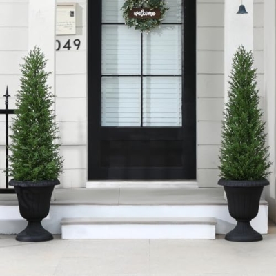 Product: 4FT OAKRED Artificial Cedar Topiary Trees - UV-Protected Norfolk Pine Set for Year-Round Outdoor & Indoor Decor
